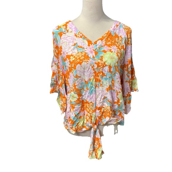 Democracy Tops - Democracy Floral V Neck Blouse Womens Medium Orange Boho Tie Hem Top